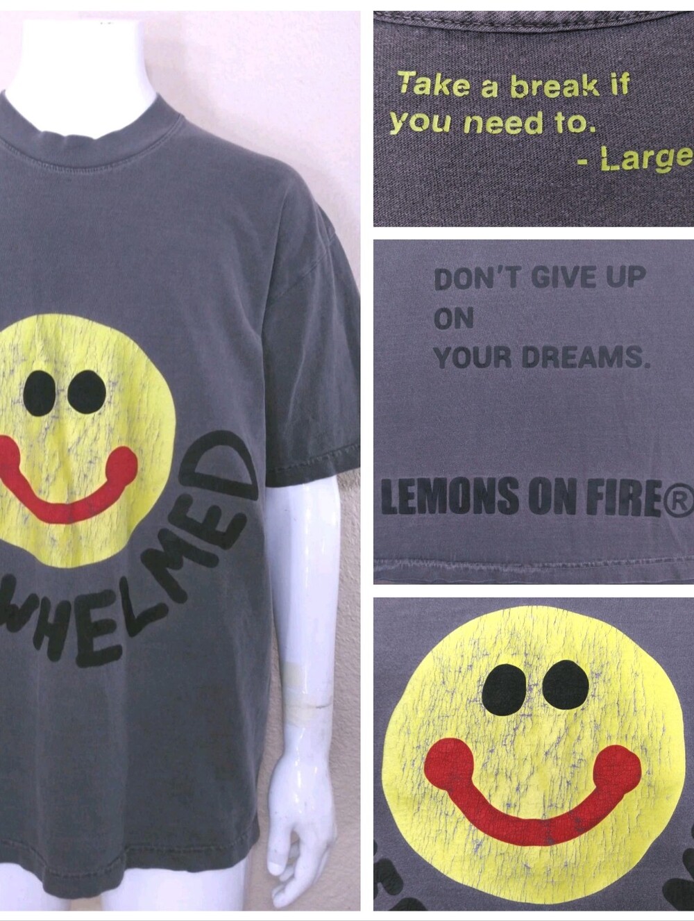 LEMONS ON FIRE T Shirt LARGE Overwhelmed SMILEY FACE Graphic Tee MENS Size L SS